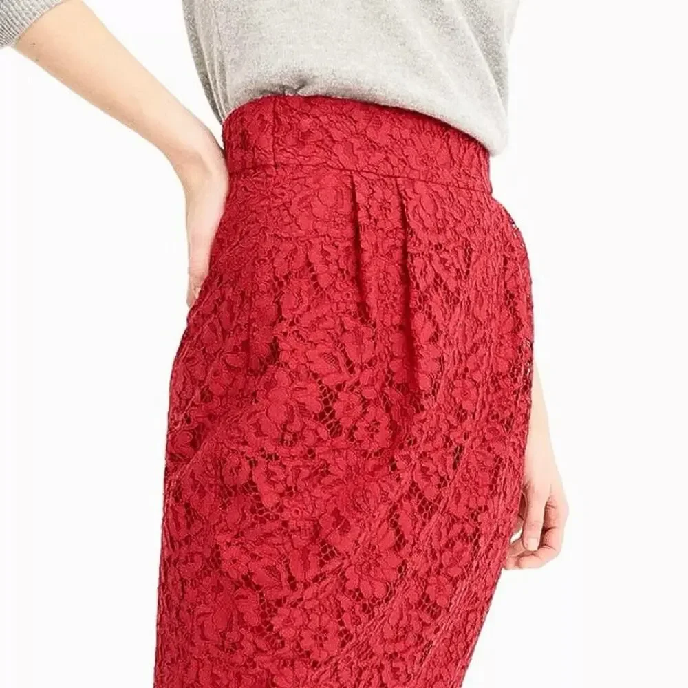 NEW J. Crew Pintuck Lace Pencil Skirt in Red Size 8
